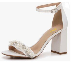 FSJ White Bridal Sandals Open Toe Single Strap Pearl & Rhinestones Decor Shoes